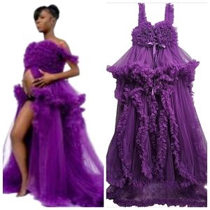 Nwot Purple Ruffle Tulle Heart Bodice,Cascades In Waterful Ruffled Train Gown